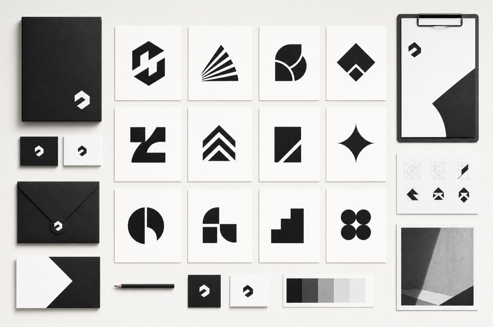The Meridian identity board — a grid of logo marks with stationery and applications